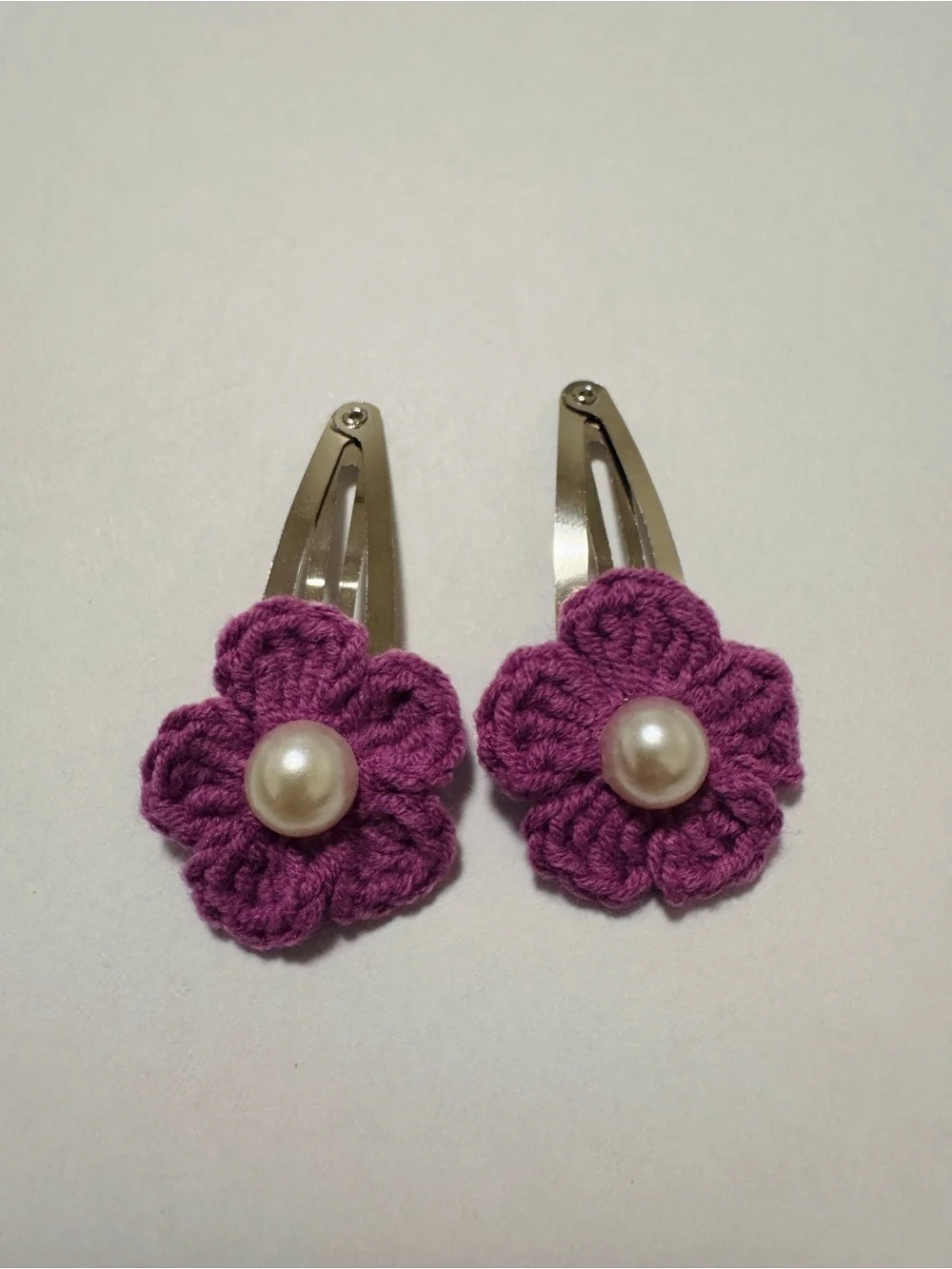 Handmade Purple Flower Hair Clips with Pearl Centers - Picture 1 of 4